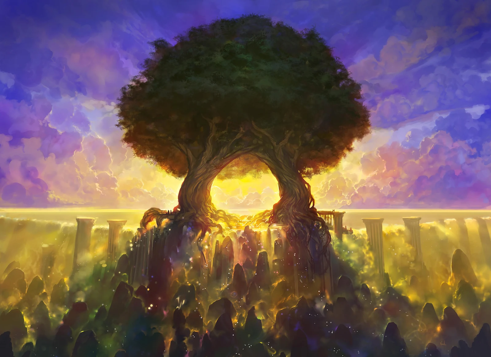 Giant World Tree At Sunset - Fantasy Digital Art 4K Wallpaper (4000x2909)