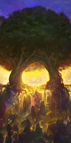 Giant World Tree At Sunset 4K Wallpaper Background