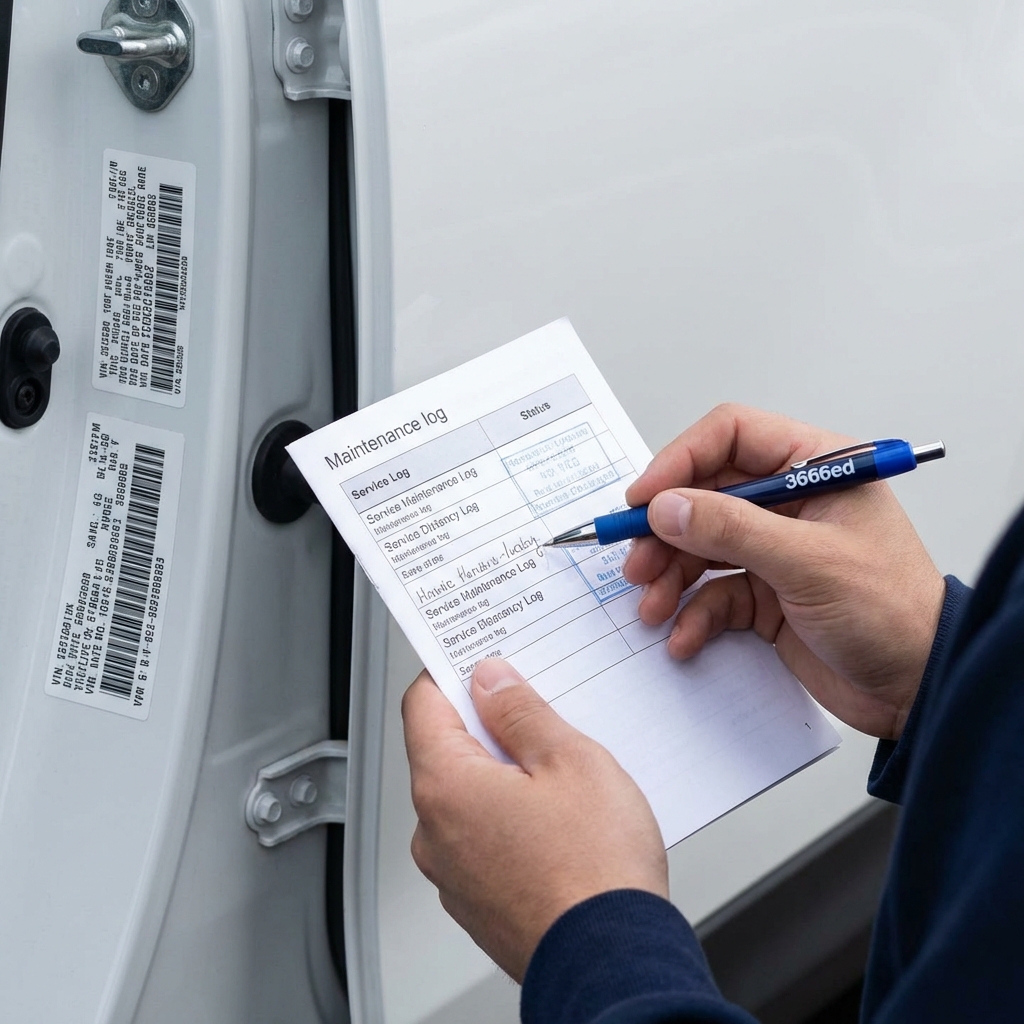 Close up of maintenance log and VIN sticker on a Honda CR V door jamb with hands holding a pen reviewing entries honda crv used for sale