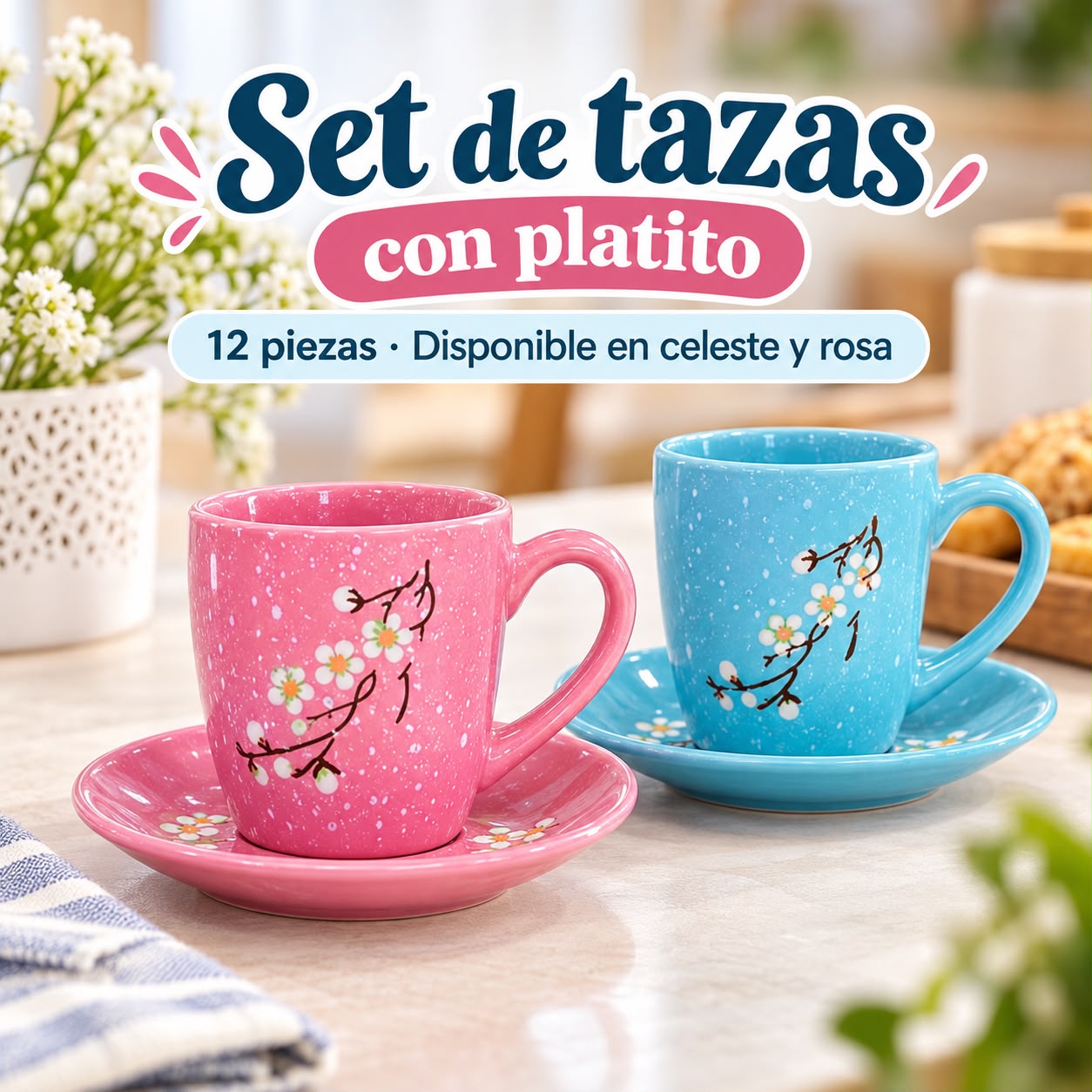 Set de tazas con platito 12 piezas – celeste y rosa