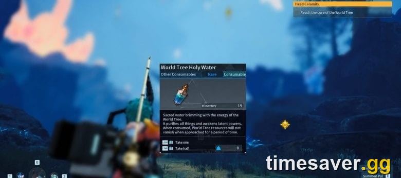 The World Tree Holy Water item tooltip in Palworld, showing its description