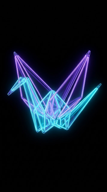 Neon Wireframe Origami Crane in Dark Digital Space - Free mobile Wallpaper