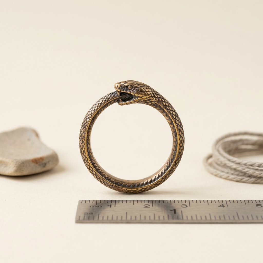 Close up of an ouroboros ring showing the serpent head and tail meeting with a ruler for scale on a warm cream background illustrating ouroboros ring meaning