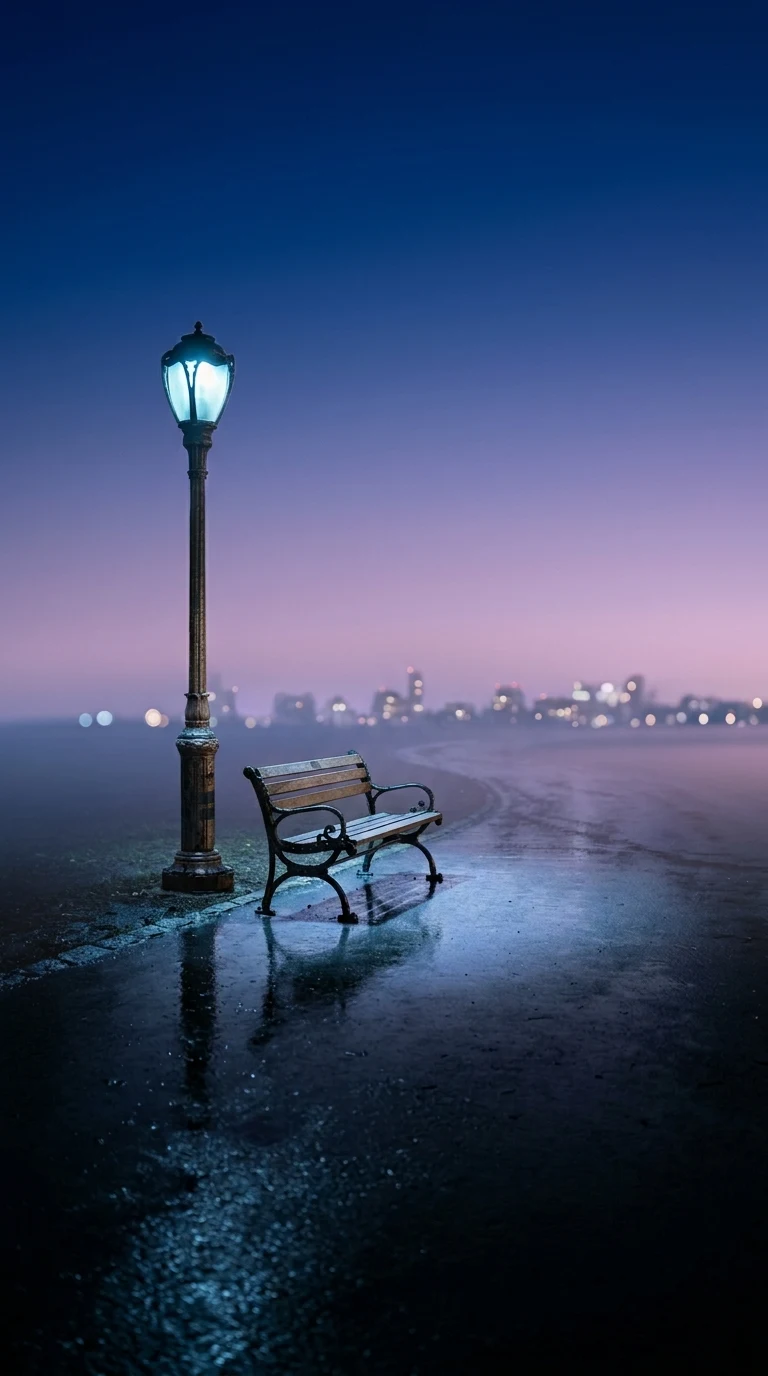 Tranquil Urban Night Scene with Streetlamp and Bench - Free 8K and 4K mobile Wallpaper Background
