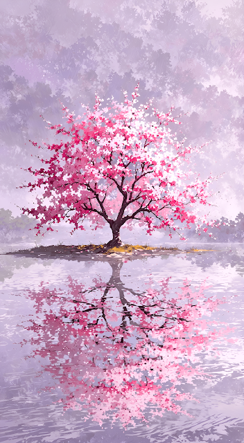 Ethereal Pink Sakura Tree Reflected in Lavender Water - Free mobile Wallpaper