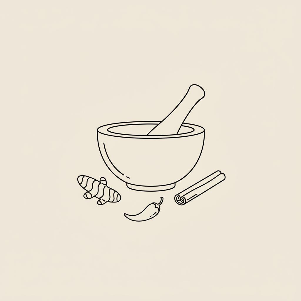 Minimal line illustration of a mortar and pestle with turmeric root, cinnamon stick and chili on beige background — turmeric for weight loss