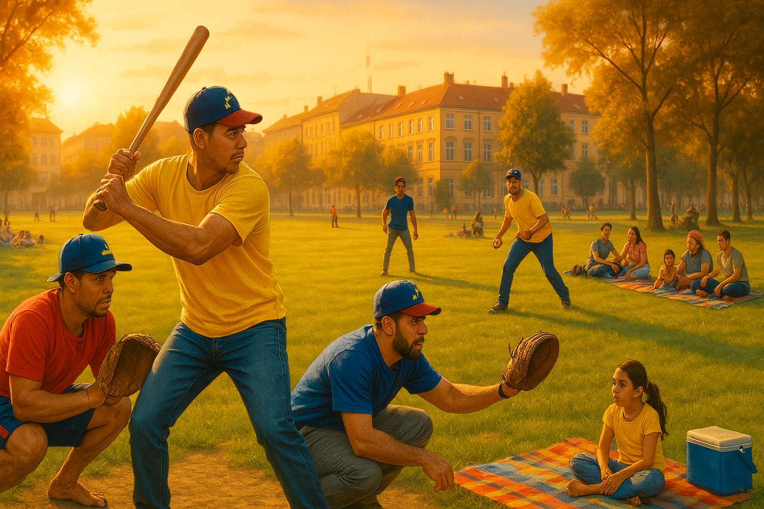 Peloteros venezolanos jugando béisbol en un parque europeo al atardecer