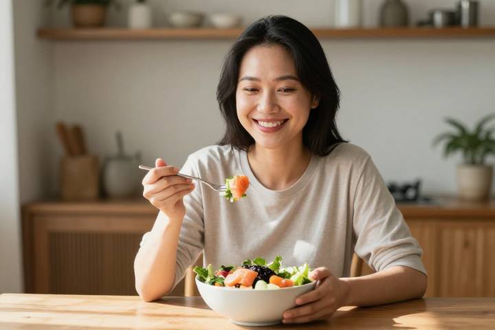 サーモンのヘルシー料理を楽しむ女性