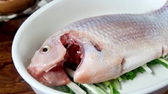 Cách làm cá điêu hồng chưng tương: Rửa sạch hành lá, cắt từng khúc 5-6cm. Cho 90gr hành lá vào dĩa sâu lòng và đặt con cá diêu hồng lên trên hành lá. Tiếp theo cho hỗn hợp nấm gia vị vào phủ đều cá, rắc thêm 1 trái ớt sừng cắt sợi, 10gr hành lá, 20gr ngò tàu cắt khúc, 1 muỗng cà phê tiêu.