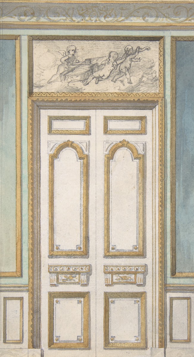 Design for Single Door and Overdoor Panel with Cupids Bearing a Violin 19th Cent