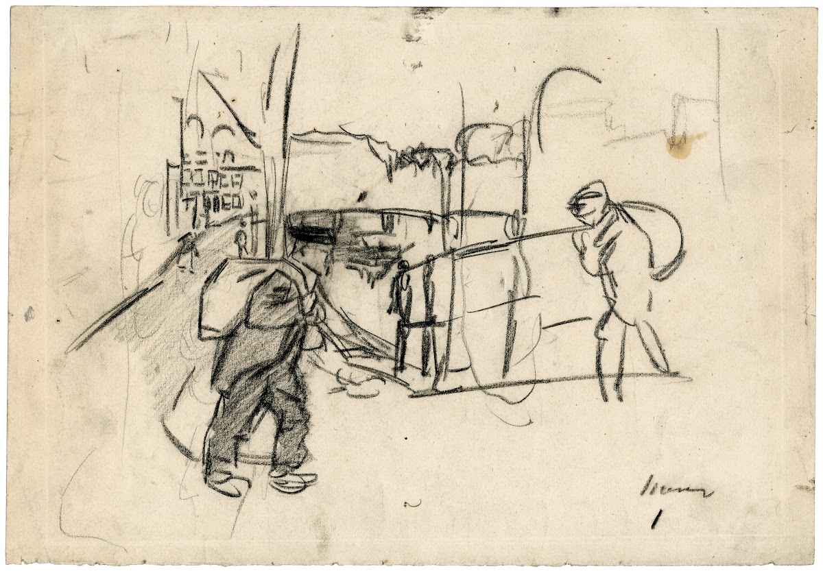 Mannen sjouwen met zakken over een brug 1898