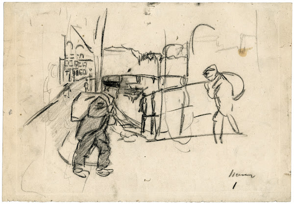 Mannen sjouwen met zakken over een brug 1898