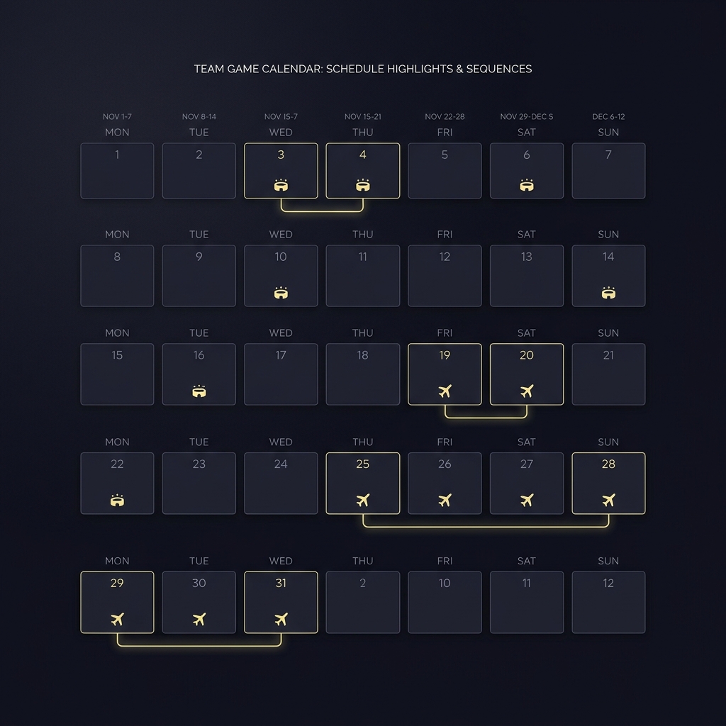 Close up calendar infographic for a single team highlighting back to back sets and extended road trips to illustrate How Home Advantage Varies by League in a clean Funded Plays style