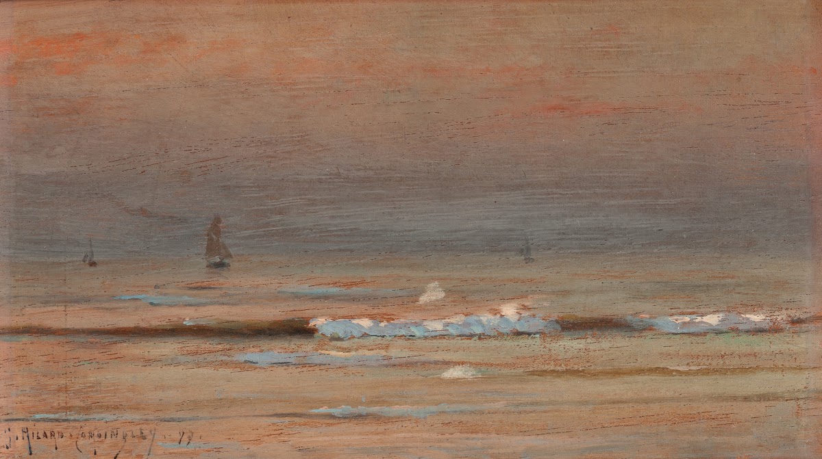 Ships Sailing to Shore at Sunset 1897