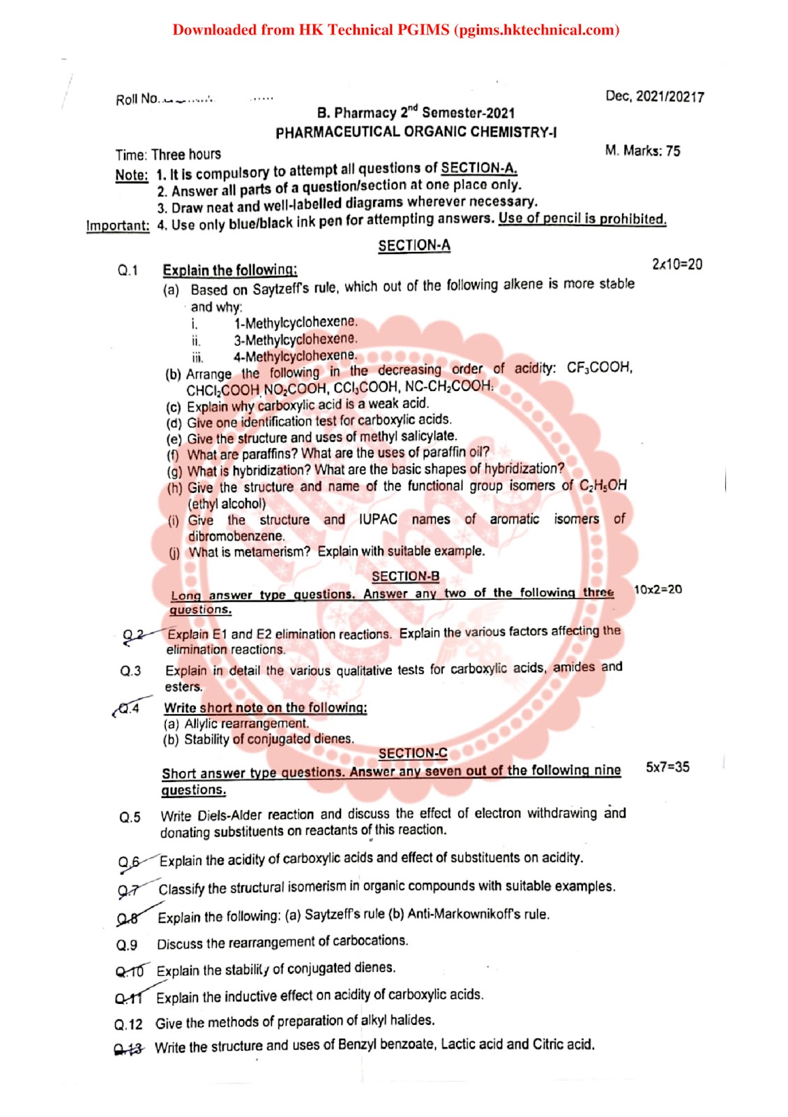 BP202T Organic Chemistry-I UHSR 2nd Semester B.Pharmacy Previous Year's Question Paper,BP202T Pharmaceutical Organic Chemistry I,BPharmacy,Previous Year's Question Papers,BPharm 2nd Semester,Pharmaceutical Organic Chemistry,