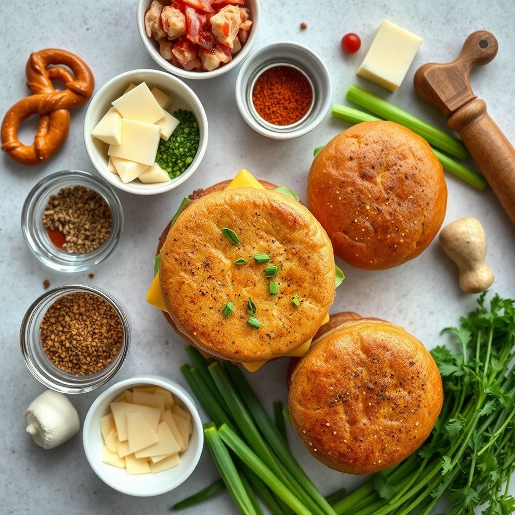 Ingredients for Beer Cheese Pretzel Burgers with Bacon and Scallions (Easy Homemade)