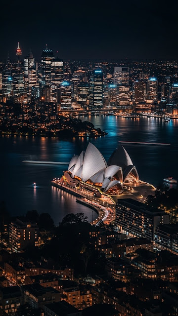 High Angle Aerial Night View of Sydney Opera House and City Skyline - Free mobile Wallpaper
