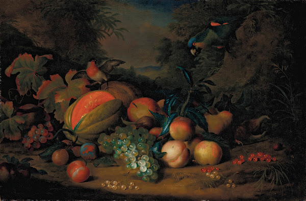 A split melon peaches plums grapes apples and currants with a parrot and a bullf