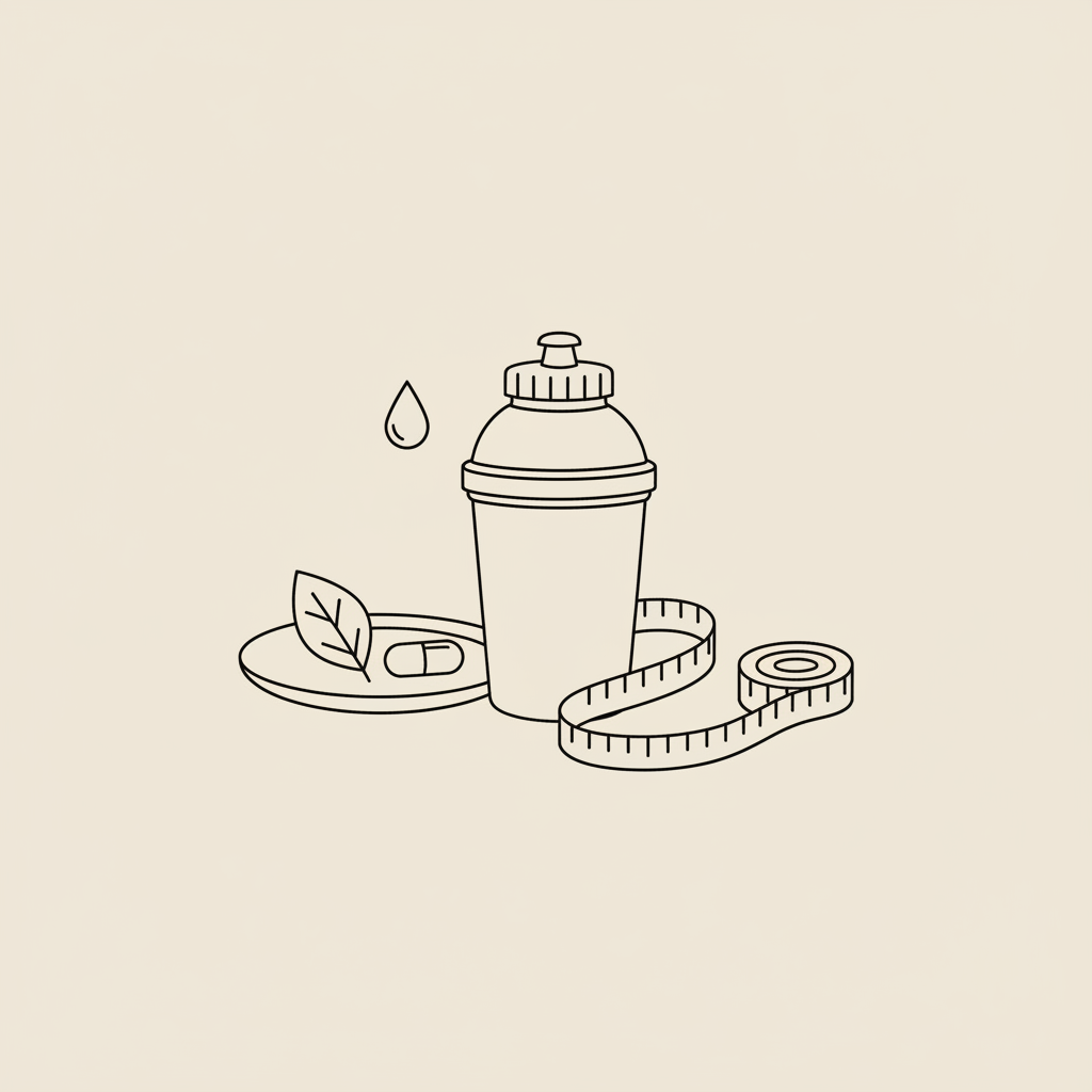 Minimalist vector line illustration of a protein shake bottle, plate with leaf and capsule, water droplet and coiled measuring tape on beige background — protein shakes for weight loss