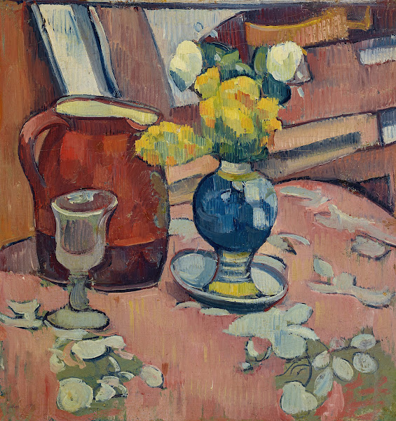 Nature morte Vase de fleurs pichet et verre circa 1892