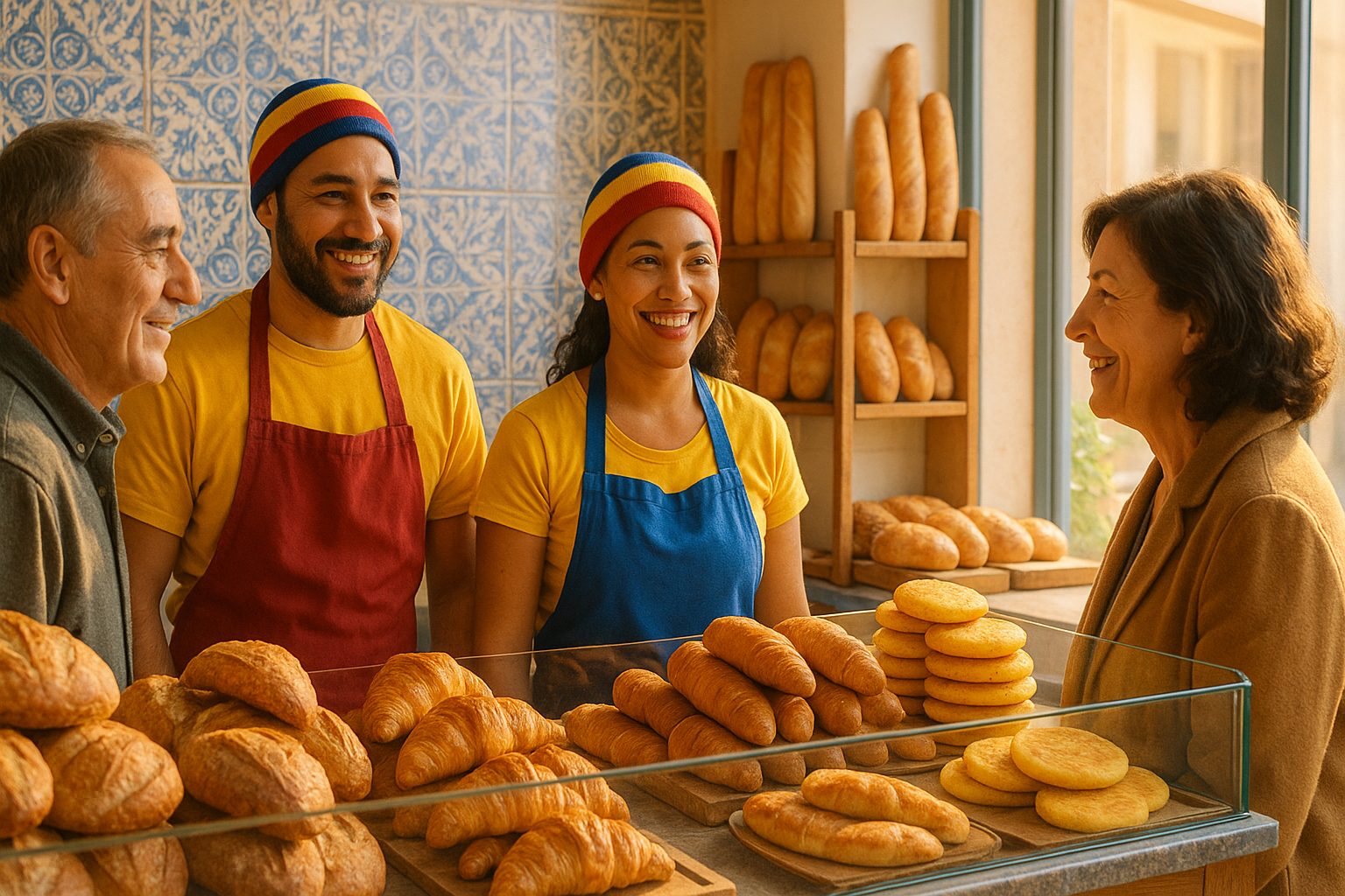 Panaderos venezolanos en Portugal atendiendo una panadería con panes y arepas