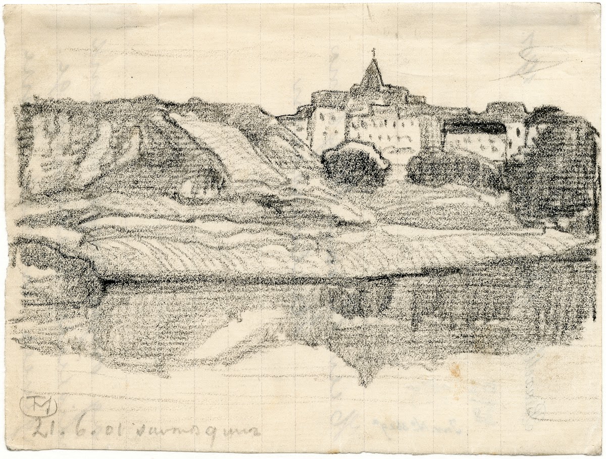 Gezicht op een stad in de Maasvallei 1901