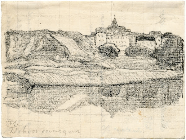 Gezicht op een stad in de Maasvallei 1901