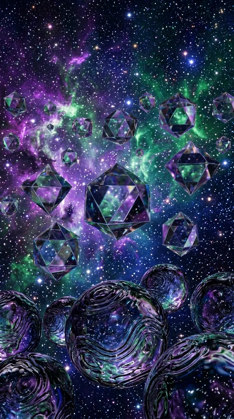 Floating Mirrored Octahedrons Reflecting Violet and Emerald Nebula - Free 4K mobile Wallpaper