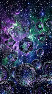 Floating Mirrored Octahedrons Reflecting Violet and Emerald Nebula