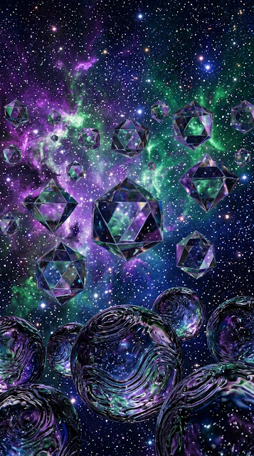 Floating Mirrored Octahedrons Reflecting Violet and Emerald Nebula - Free mobile Wallpaper