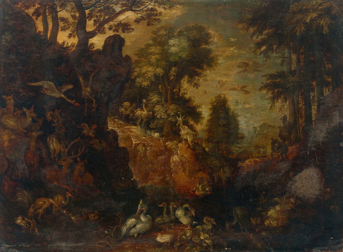 A rocky wooded landscape with birds deer and other animals