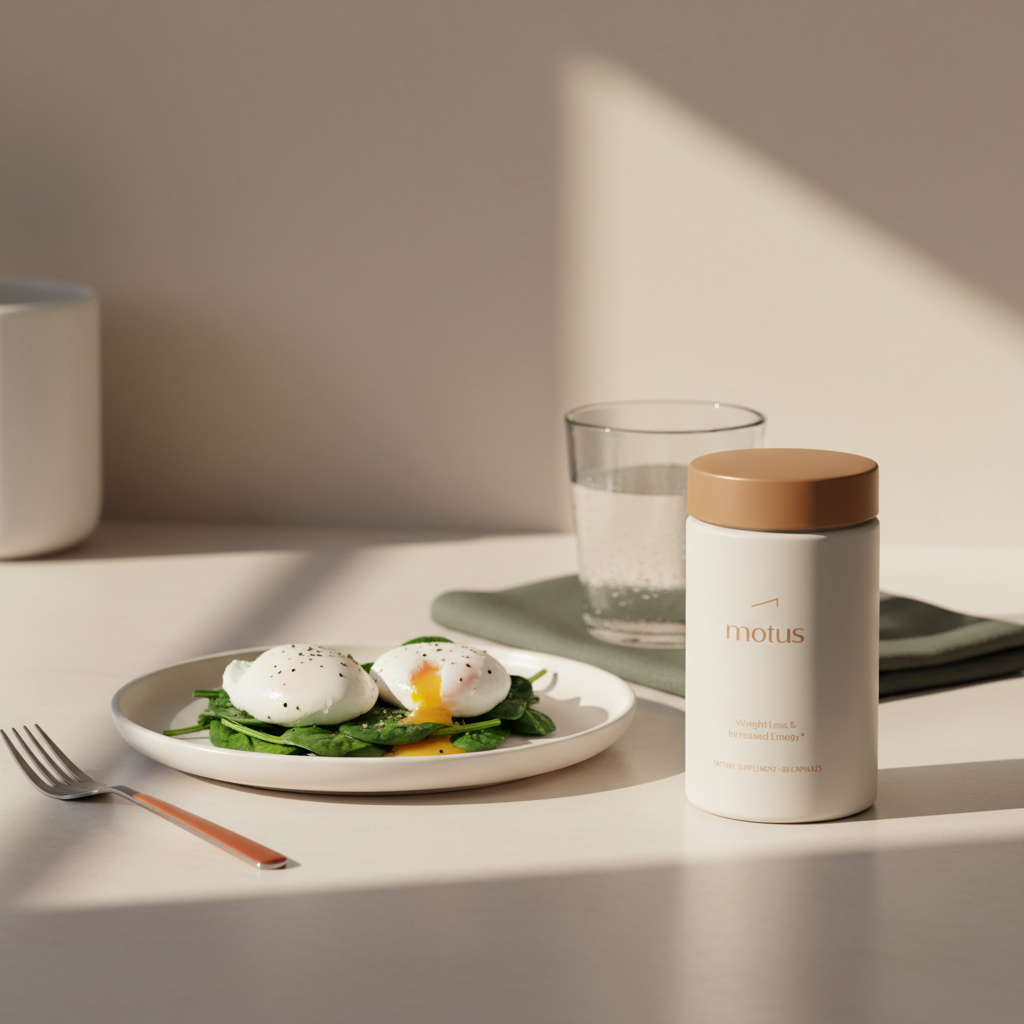 Minimalist kitchen still-life with Motus supplement beside a balanced breakfast and glass of water, evoking routine and wellness to flatten tummy quickly.