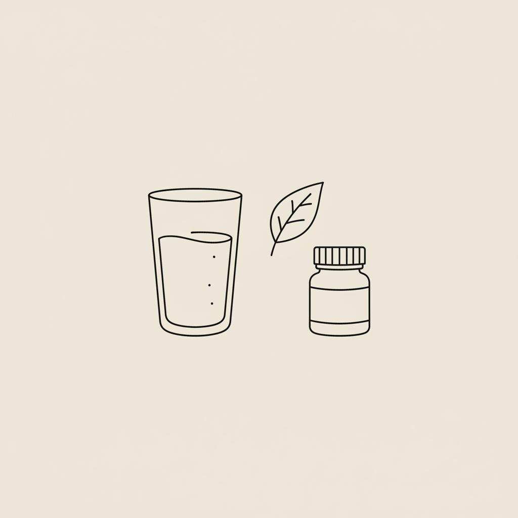 Minimalist Tonum-style line illustration of a glass of water, a tea leaf, and a capsule bottle on beige background — what to drink first thing in the morning to reduce belly fat