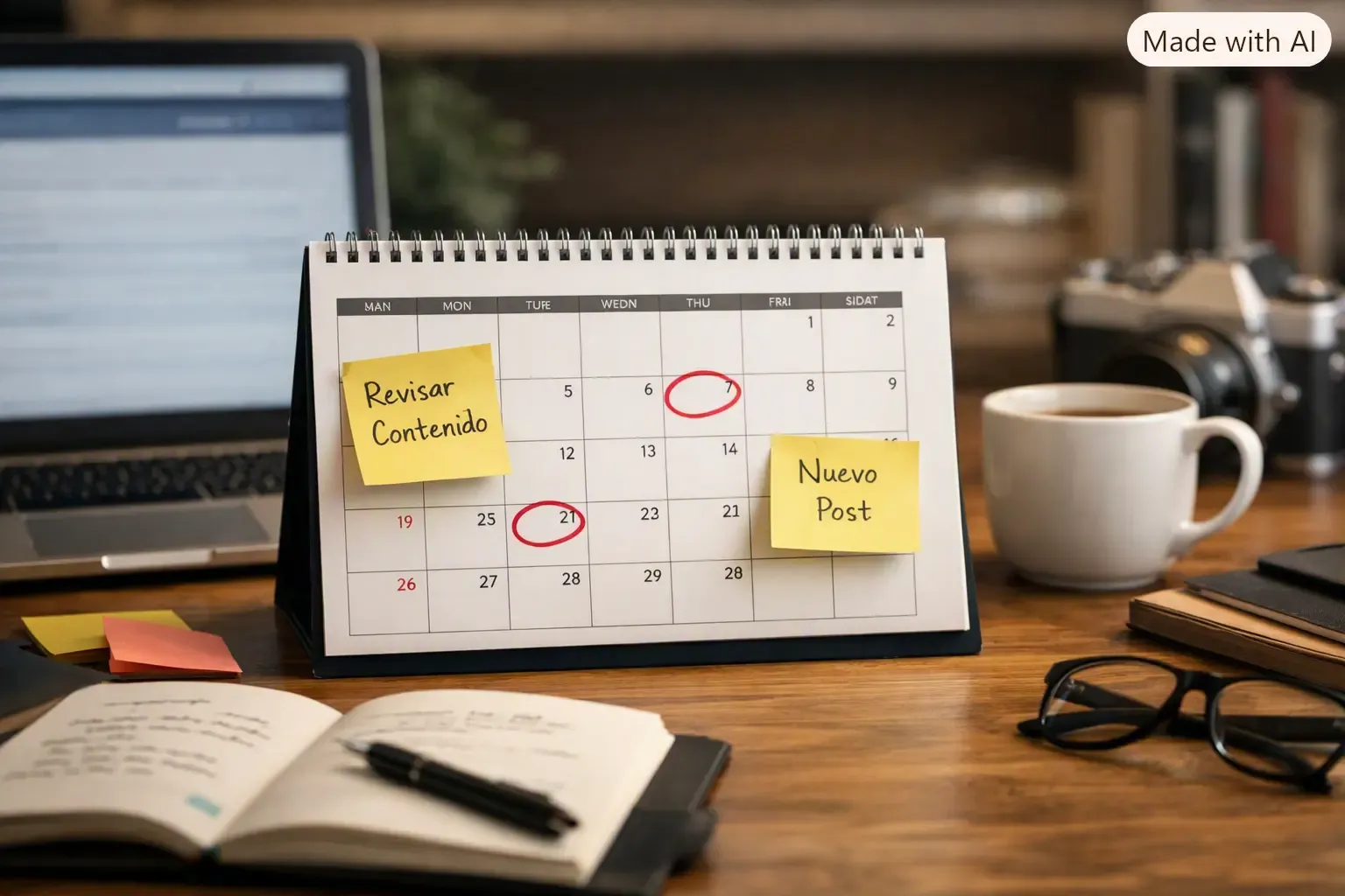 Calendario de escritorio con notas adhesivas 'Revisar Contenido' y 'Nuevo Post'.
