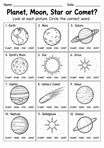 Planet Moon Star or Comet Worksheet