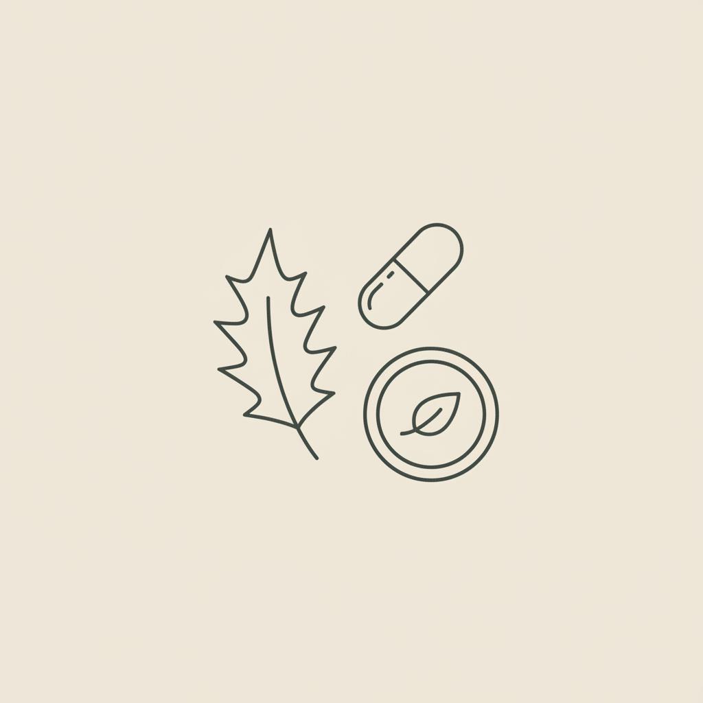 Minimal Tonum-style vector line illustration of a milk thistle leaf, a capsule, and a small plate with a leaf on beige background for liver supplements for fatty liver