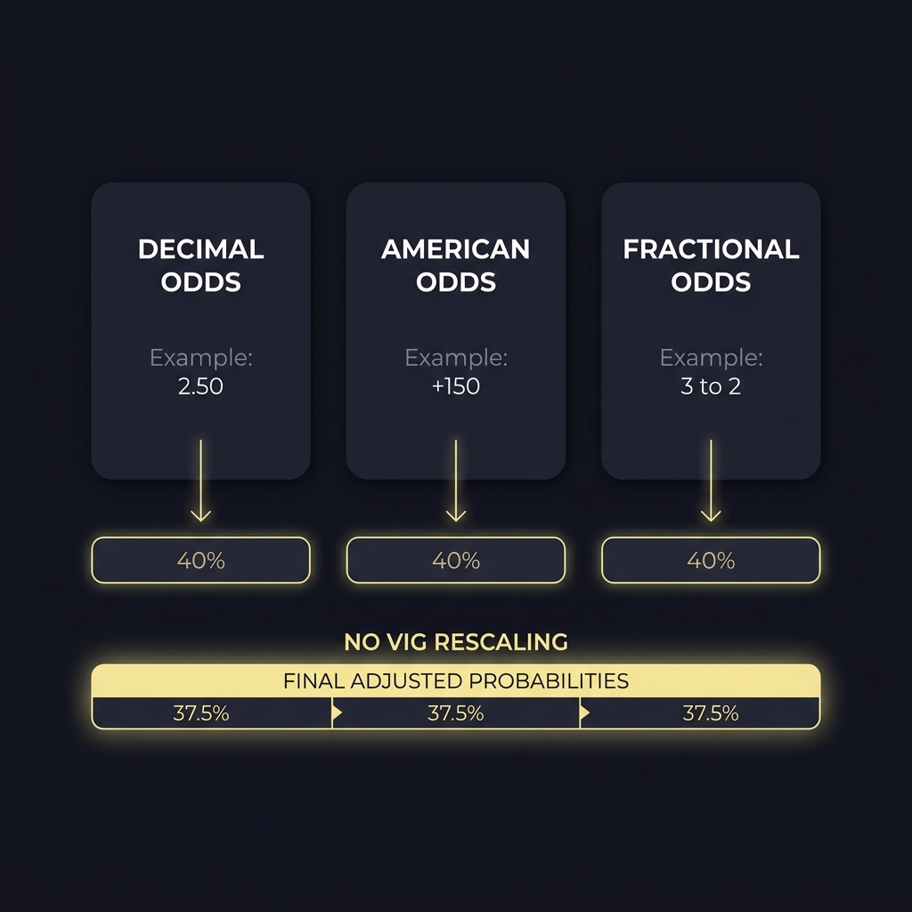 How to Compare Projection Models with Prop Lines diagram showing decimal American and fractional odds converted to implied probabilities and a final no vig rescaling on a clean Funded Plays dark background