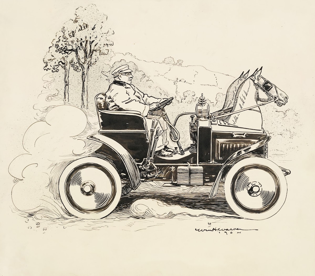 A man drives a car with two horse heads on the front to make it look more like a