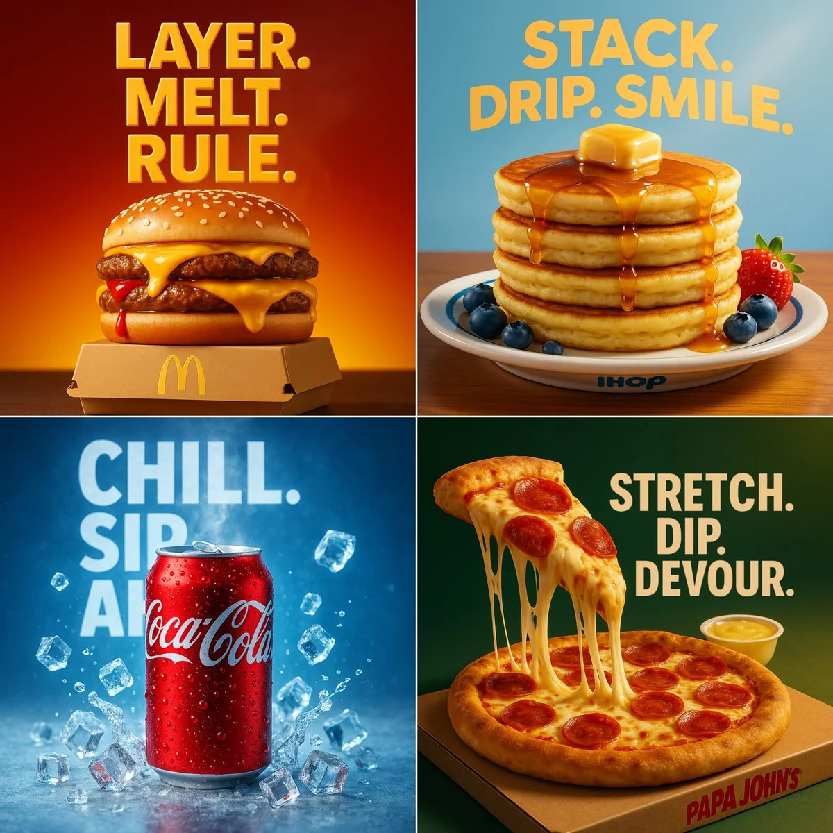 Anuncio de comida hiperrealista en 3D, un festín visual.