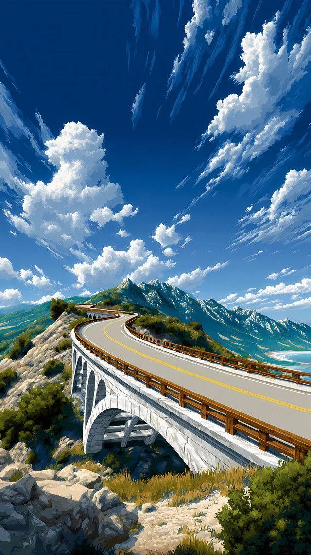 Scenic Coastal Highway Bridge - Digital Anime Art iPhone Wallpaper (640x1141)