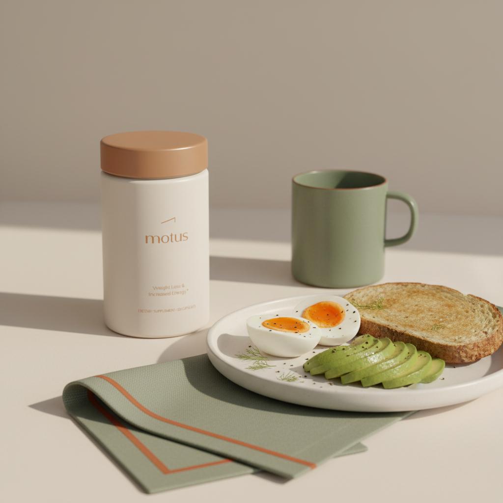 Tonum Motus jar beside a protein-rich breakfast of eggs, avocado, and whole-grain toast on a minimalist kitchen table, illustrating the fastest ways to burn fat naturally.