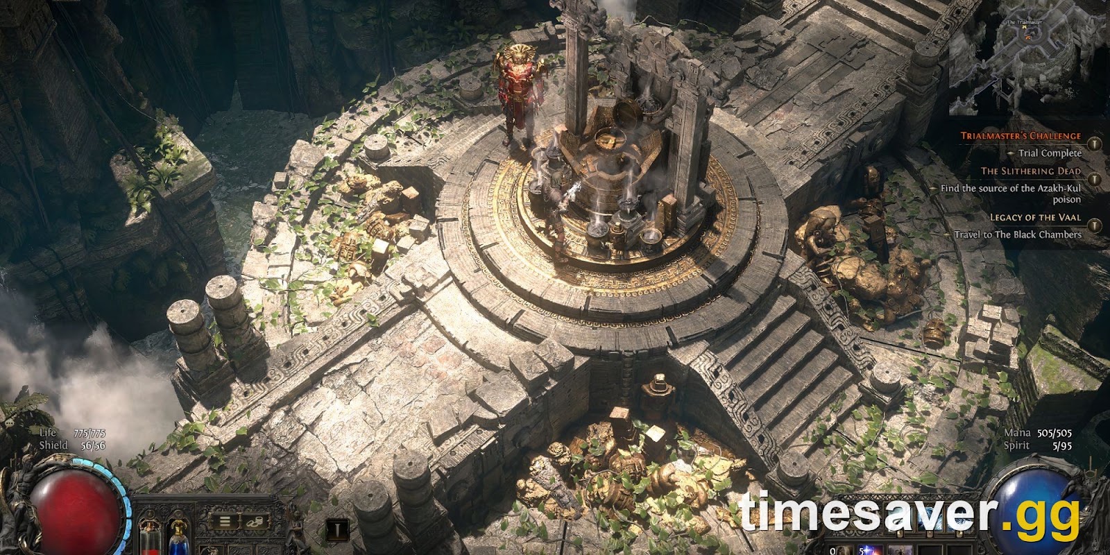 PoE2 Trial of Chaos reward room with a central altar — a comparable escalating room-by-room endgame structure