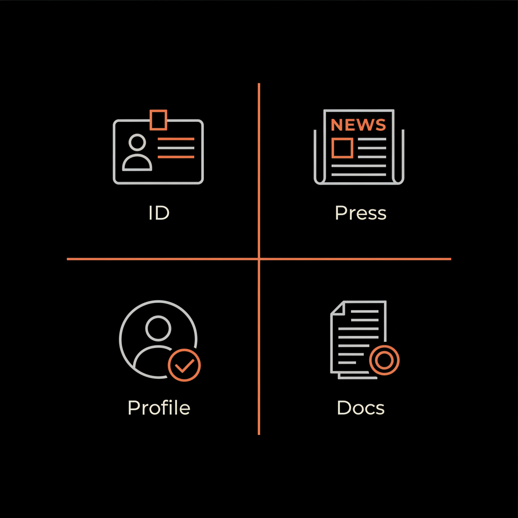 Minimal infographic showing a verification checklist with four vector icons (ID, press article, profile completeness, official documents) on a black background explaining how to get verified without paying