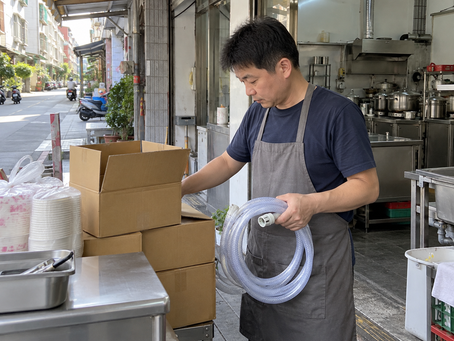 老闆檢查包材與備用用品