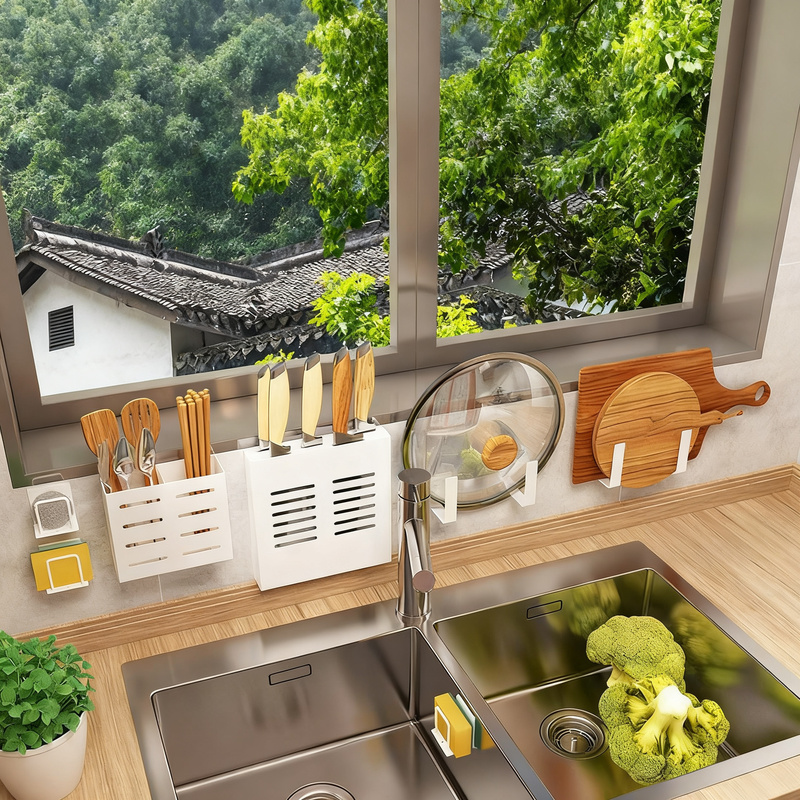 Wall-mounted kitchen shelf made of aluminum without drilling