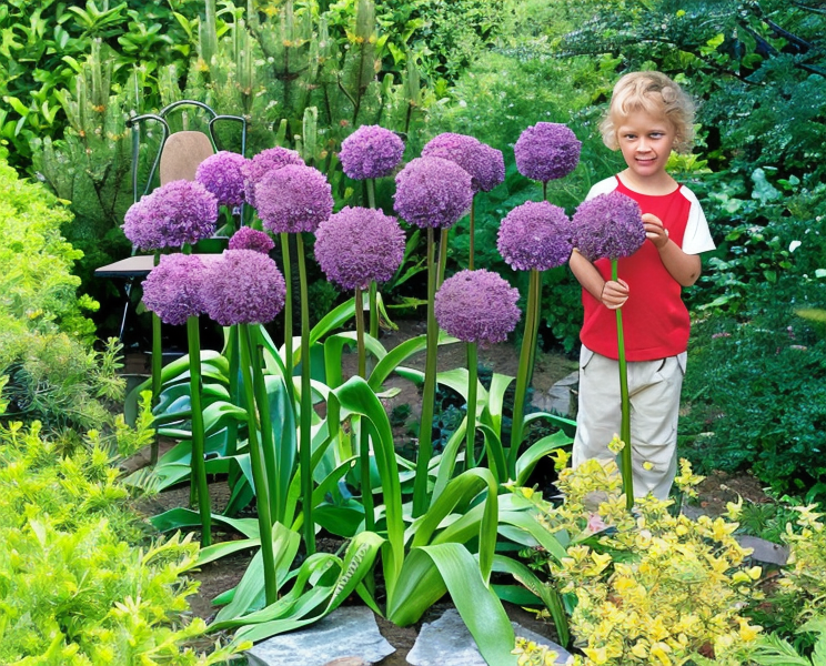 Allium hollandicum 'Globemaster': infiorescenza sferica viola in un giardino