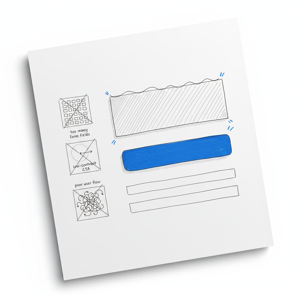 Close-up hand-drawn landing page wireframe with highlighted CTA and three-field form illustrating common lead generation mistakes, minimalist sketches, no readable text