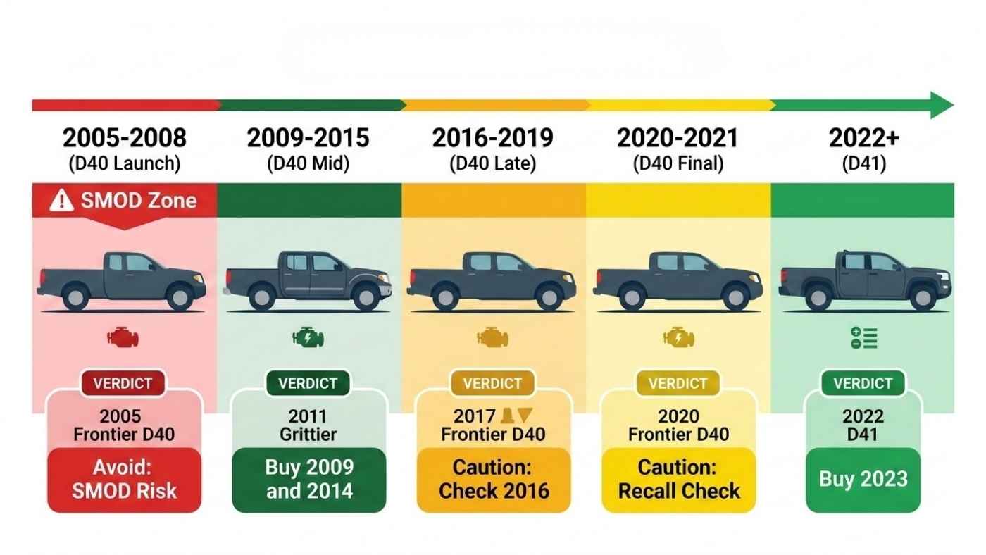 Timeline graphic showing best Nissan Frontier years, SMOD risk, recall cautions, and buy picks from 2005 to 2023.