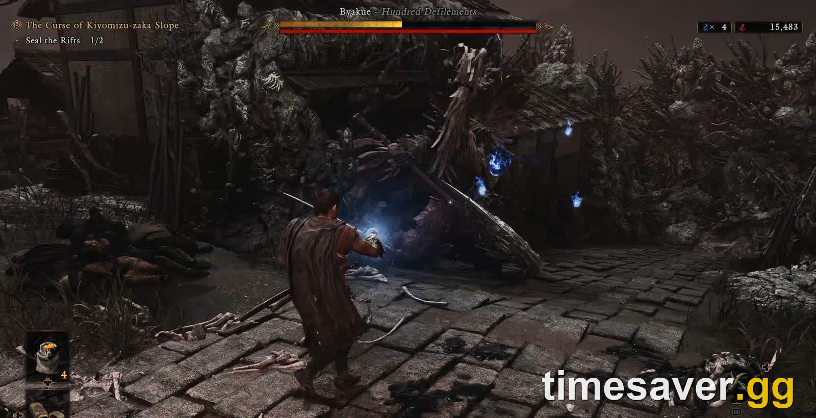 Musashi's Oni Gauntlet absorbing glowing blue soul orbs during combat in Onimusha: Way of the Sword
