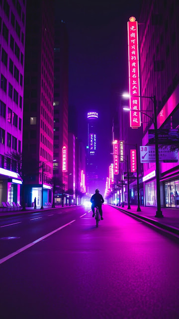 Neon Purple Cyberpunk City Street Night Rider Synthwave - Free mobile Wallpaper